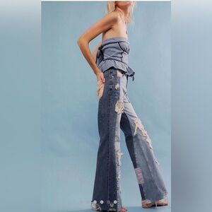 NWOT Free People APHRODITE HW RIP & REPAIR PATCHWORK WIDE LEG JEAN Size 26